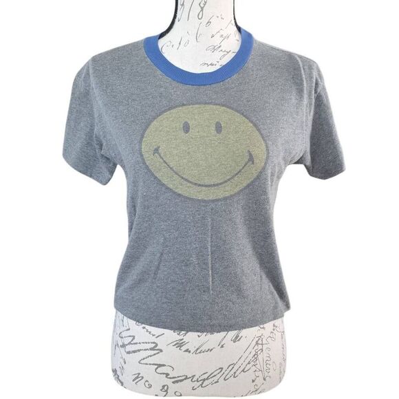 American Eagle Women's Size XS Gray Blue Ringer Smiley Face Cropped T-Shirt - Picture 1 of 6